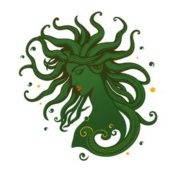 The silhouette of Medusa in a Greek drawing style for a book cover, depicted with flowing snake hair that elegantly curves around her head