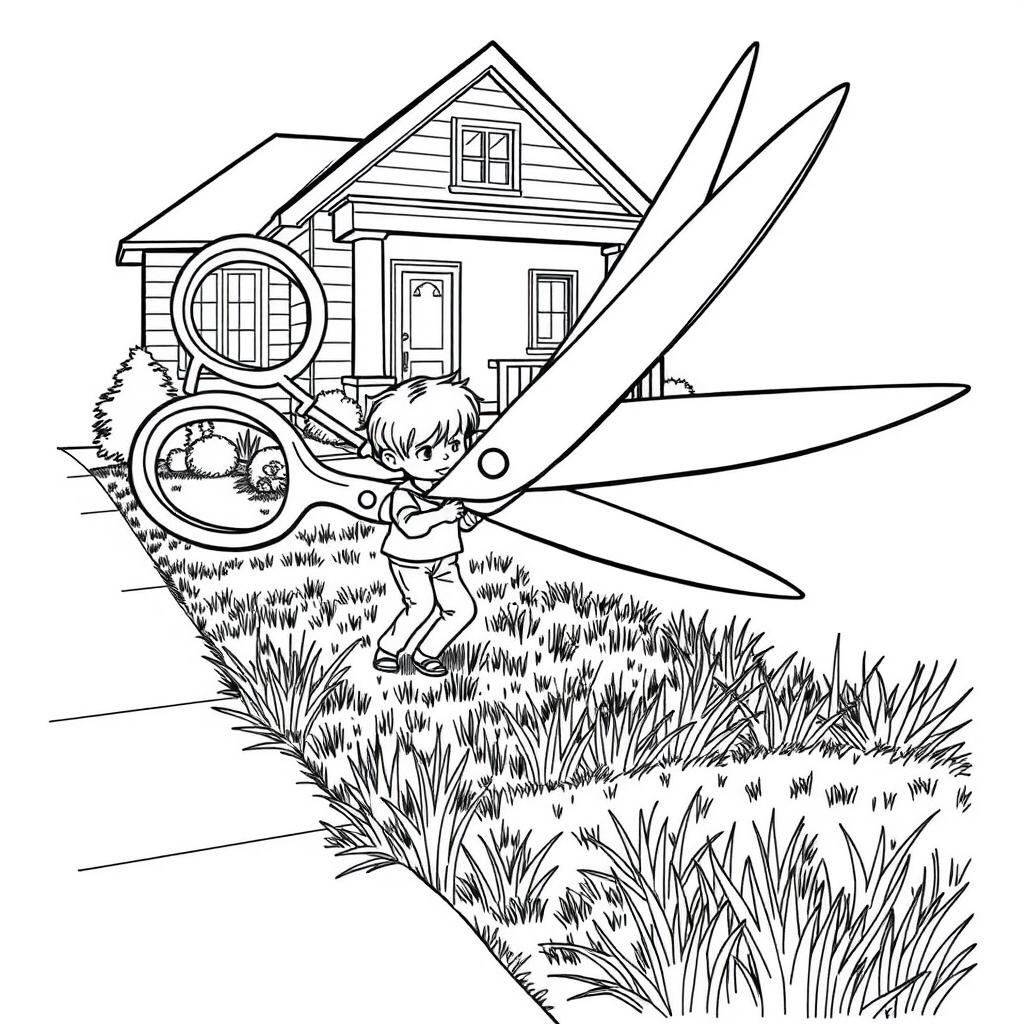 A surreal coloring page depicting a child mowing the lawn on the sidewalk of their house with an enormous pair of scissors, much larger than the child