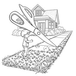 A surreal coloring page depicting a child mowing the lawn on the sidewalk of their house with an enormous pair of scissors, much larger than the child