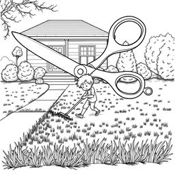 A surreal coloring page depicting a child mowing the lawn on the sidewalk of their house with an enormous pair of scissors, much larger than the child