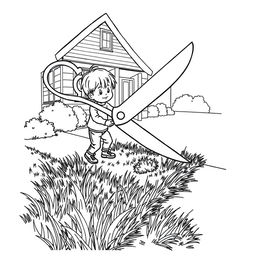 A surreal coloring page depicting a child mowing the lawn on the sidewalk of their house with an enormous pair of scissors, much larger than the child