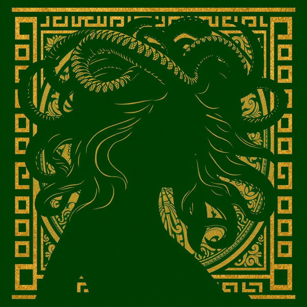 The silhouette of Medusa in a classical Greek drawing style designed for a book cover, her snake-like hair creating a dramatic frame around her face