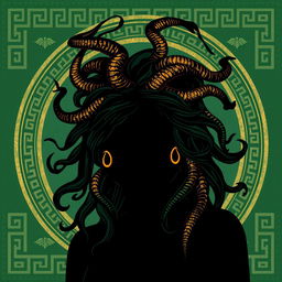 The silhouette of Medusa in a classical Greek drawing style designed for a book cover, her snake-like hair creating a dramatic frame around her face