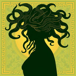 The silhouette of Medusa in a classical Greek drawing style designed for a book cover, her snake-like hair creating a dramatic frame around her face