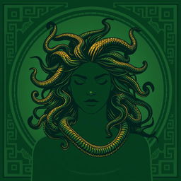 The silhouette of Medusa in a classical Greek drawing style designed for a book cover, her snake-like hair creating a dramatic frame around her face