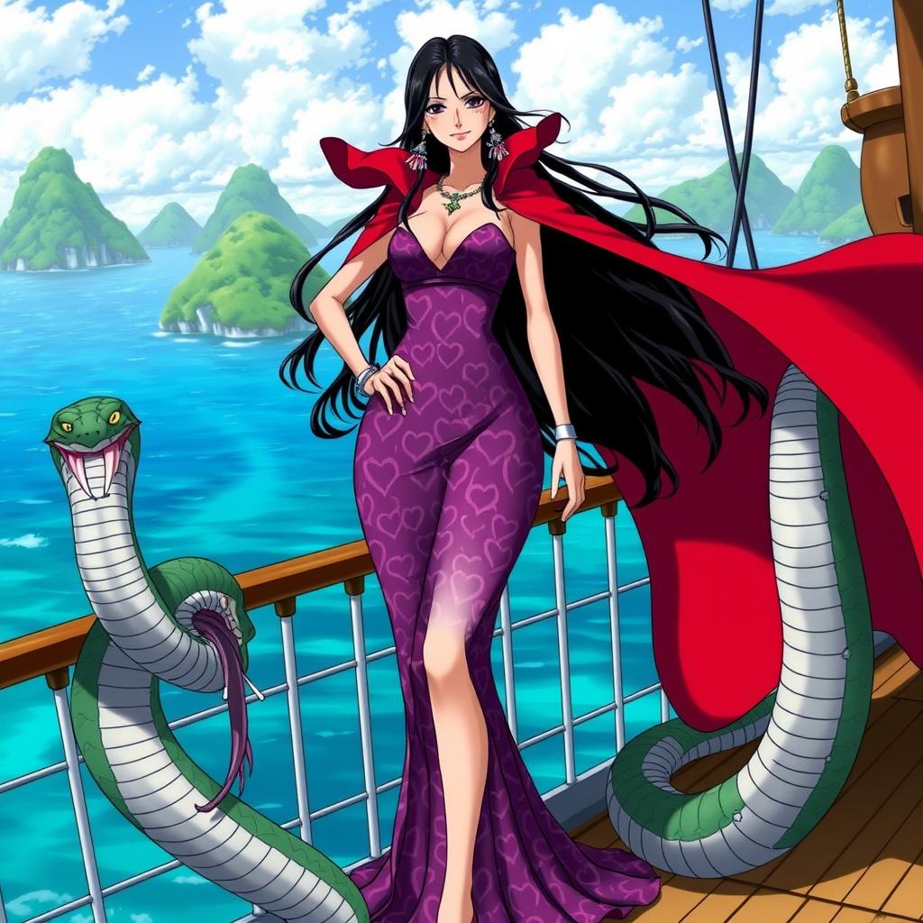 Boa Hancock, the fictional pirate empress from the anime series One Piece, portrayed in her classic attire with a long red cape and a revealing purple dress adorned with intricate heart patterns