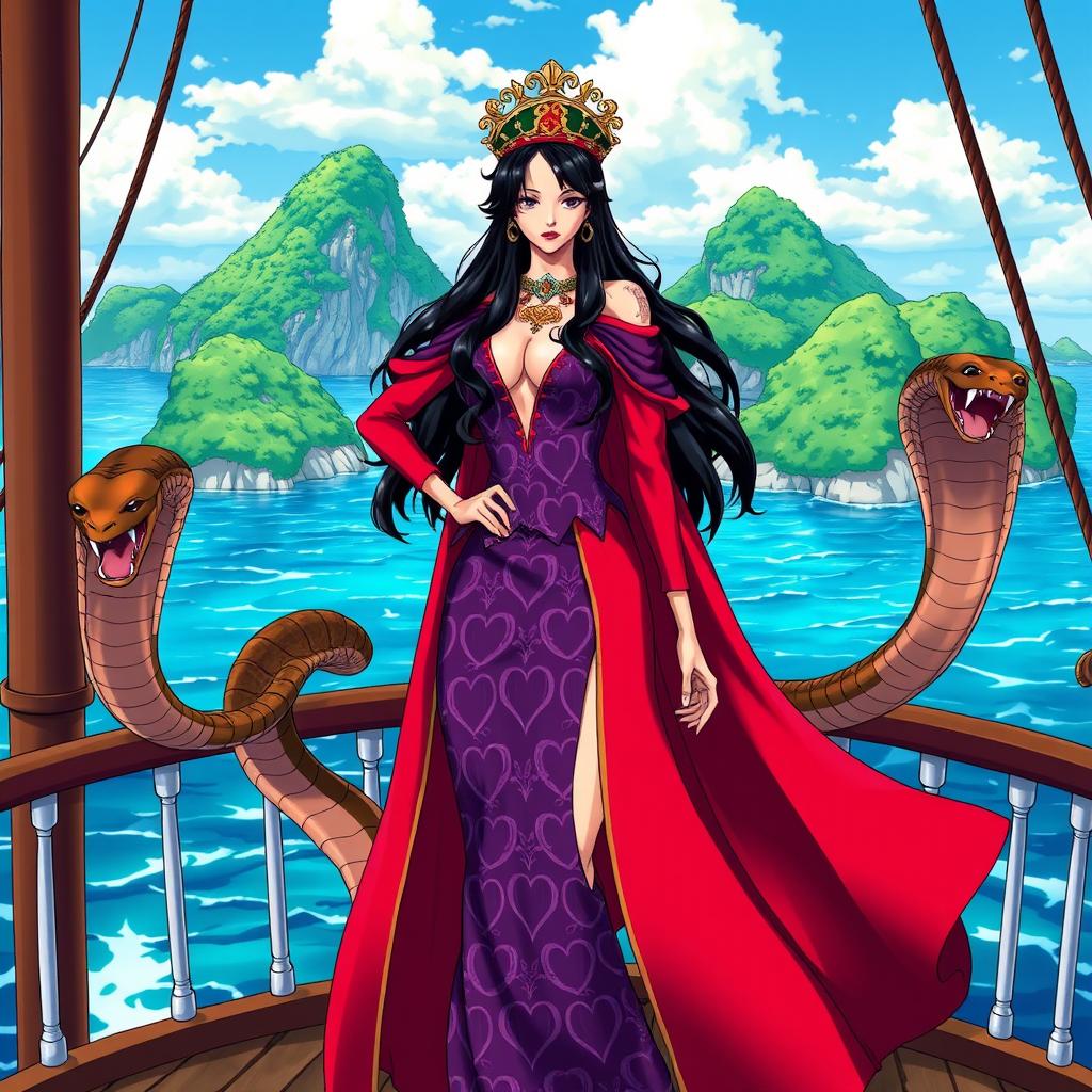 Boa Hancock, the fictional pirate empress from the anime series One Piece, portrayed in her classic attire with a long red cape and a revealing purple dress adorned with intricate heart patterns