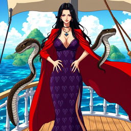 Boa Hancock, the fictional pirate empress from the anime series One Piece, portrayed in her classic attire with a long red cape and a revealing purple dress adorned with intricate heart patterns