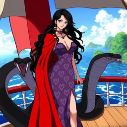 Boa Hancock, the fictional pirate empress from the anime series One Piece, portrayed in her classic attire with a long red cape and a revealing purple dress adorned with intricate heart patterns