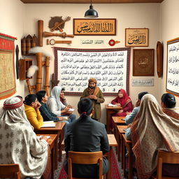 A scene depicting the integration of Mandar culture into an Arabic language learning classroom