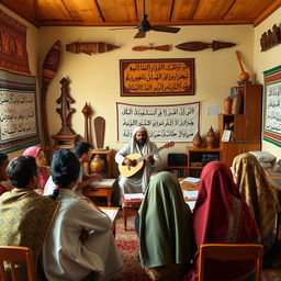 A scene depicting the integration of Mandar culture into an Arabic language learning classroom