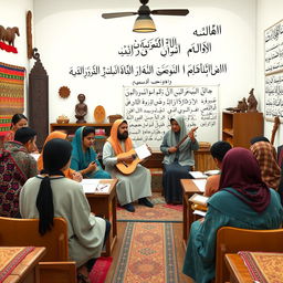 A scene depicting the integration of Mandar culture into an Arabic language learning classroom