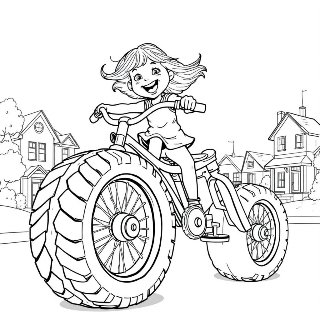 A surreal coloring page depicting a little girl joyfully riding an enormous tricycle, occupying the entire street