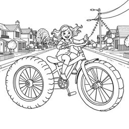 A surreal coloring page depicting a little girl joyfully riding an enormous tricycle, occupying the entire street