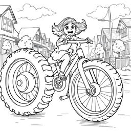 A surreal coloring page depicting a little girl joyfully riding an enormous tricycle, occupying the entire street