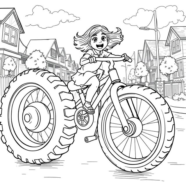 A surreal coloring page depicting a little girl joyfully riding an enormous tricycle, occupying the entire street