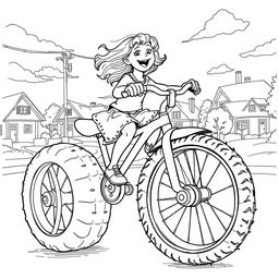 A surreal coloring page depicting a little girl joyfully riding an enormous tricycle, occupying the entire street