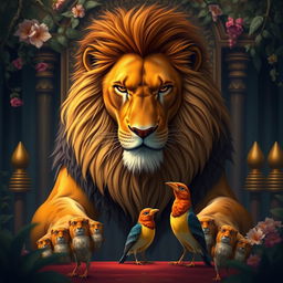 A majestic and authoritative lion, with a serious and commanding expression, is addressing a bird