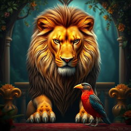 A majestic and authoritative lion, with a serious and commanding expression, is addressing a bird