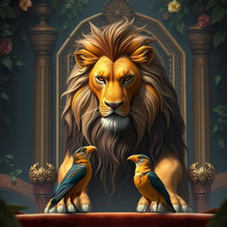 A majestic and authoritative lion, with a serious and commanding expression, is addressing a bird