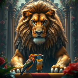 A majestic and authoritative lion, with a serious and commanding expression, is addressing a bird