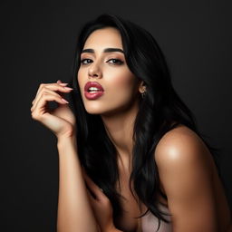 a stunning woman resembling Katrina Kaif, with a playful and seductive expression as she teasingly licks her lips, elegantly posing nude, exuding confidence and allure