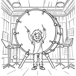 A surreal coloring page featuring a boy energetically playing a giant drum that stands taller than him in a music room