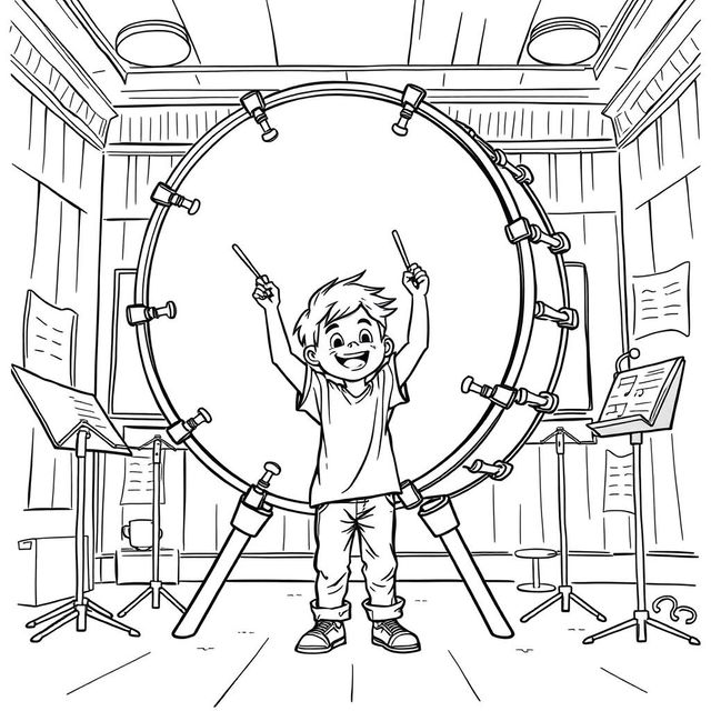 A surreal coloring page featuring a boy energetically playing a giant drum that stands taller than him in a music room