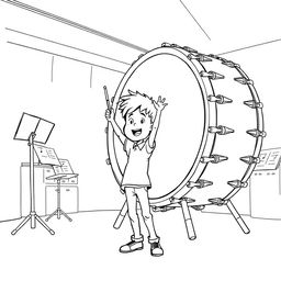 A surreal coloring page featuring a boy energetically playing a giant drum that stands taller than him in a music room