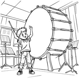 A surreal coloring page featuring a boy energetically playing a giant drum that stands taller than him in a music room