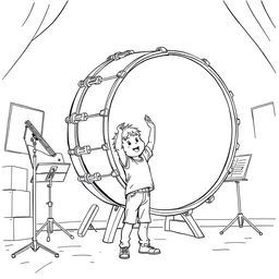 A surreal coloring page featuring a boy energetically playing a giant drum that stands taller than him in a music room