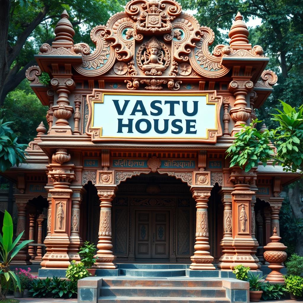 An ancient Indian architecture scene depicting a sign labeled 'Vastu House' in an elaborate, traditional style