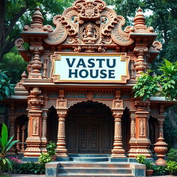 An ancient Indian architecture scene depicting a sign labeled 'Vastu House' in an elaborate, traditional style