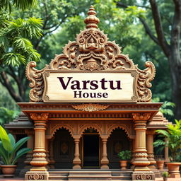 An ancient Indian architecture scene depicting a sign labeled 'Vastu House' in an elaborate, traditional style