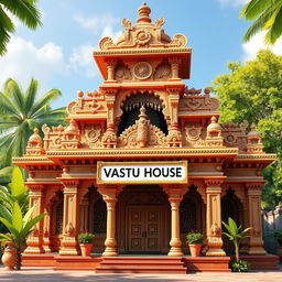 An ancient Indian architecture scene depicting a sign labeled 'Vastu House' in an elaborate, traditional style