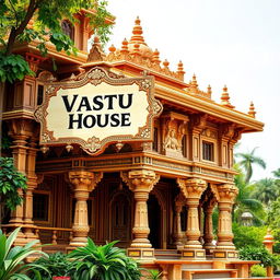 An ancient Indian architecture scene depicting a sign labeled 'Vastu House' in an elaborate, traditional style