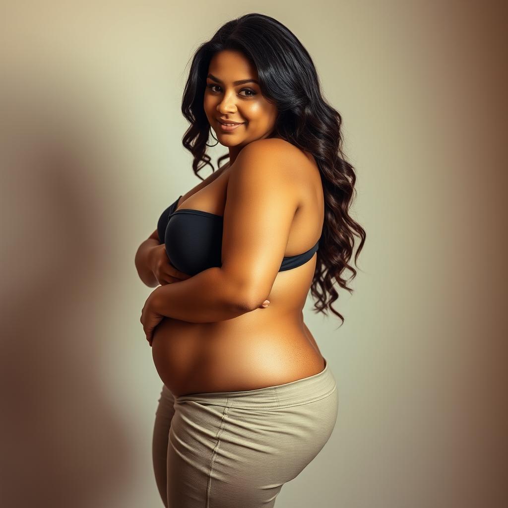 Voluptuous woman with curves, embracing her body in a confident and artistic pose, celebrating body positivity, in a soft and gentle lighting environment, showcasing natural beauty and self-love