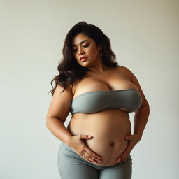 Voluptuous woman with curves, embracing her body in a confident and artistic pose, celebrating body positivity, in a soft and gentle lighting environment, showcasing natural beauty and self-love