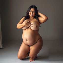 Voluptuous woman with curves, embracing her body in a confident and artistic pose, celebrating body positivity, in a soft and gentle lighting environment, showcasing natural beauty and self-love