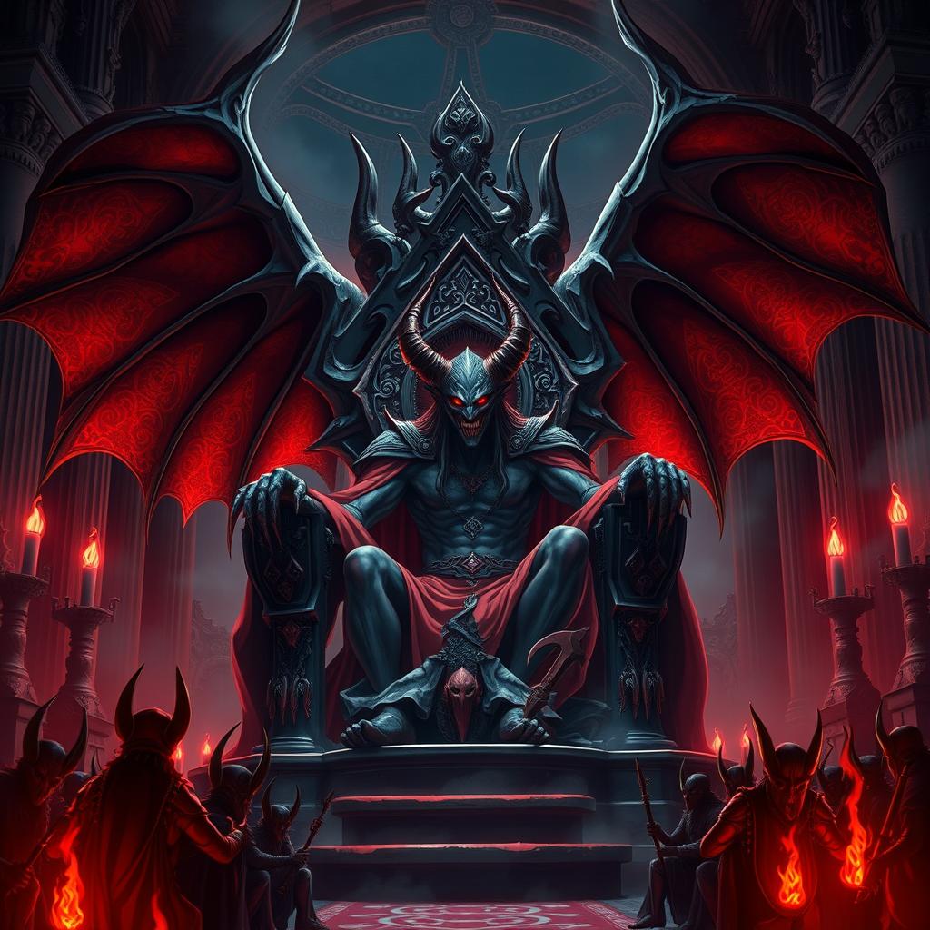 Satan in anime style as a grand demon, a cruel dark lord seated in a throne room