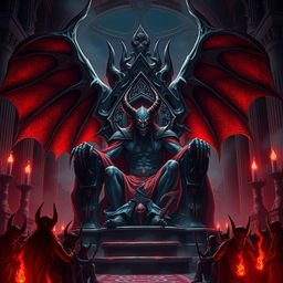 Satan in anime style as a grand demon, a cruel dark lord seated in a throne room