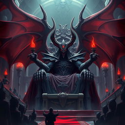 Satan in anime style as a grand demon, a cruel dark lord seated in a throne room