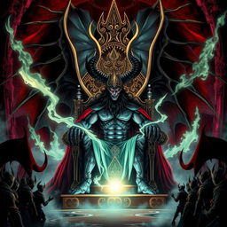 Satan in anime style as a grand demon, a cruel dark lord seated in a throne room