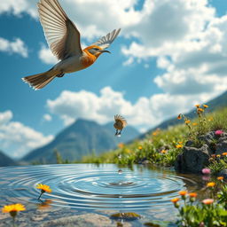 A beautiful bird soaring through the sky on a sunny day, finally landing near a mountain spring to quench its thirst