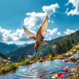 A beautiful bird soaring through the sky on a sunny day, finally landing near a mountain spring to quench its thirst