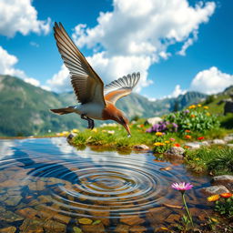 A beautiful bird soaring through the sky on a sunny day, finally landing near a mountain spring to quench its thirst