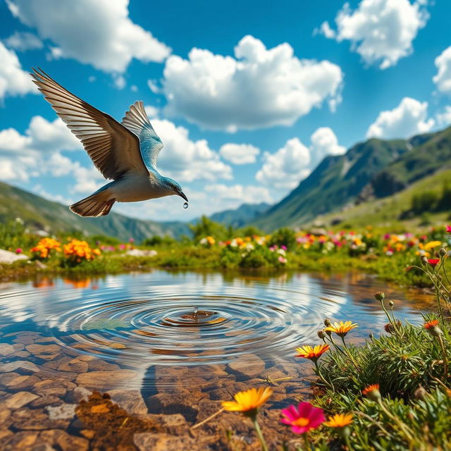 A beautiful bird soaring through the sky on a sunny day, finally landing near a mountain spring to quench its thirst