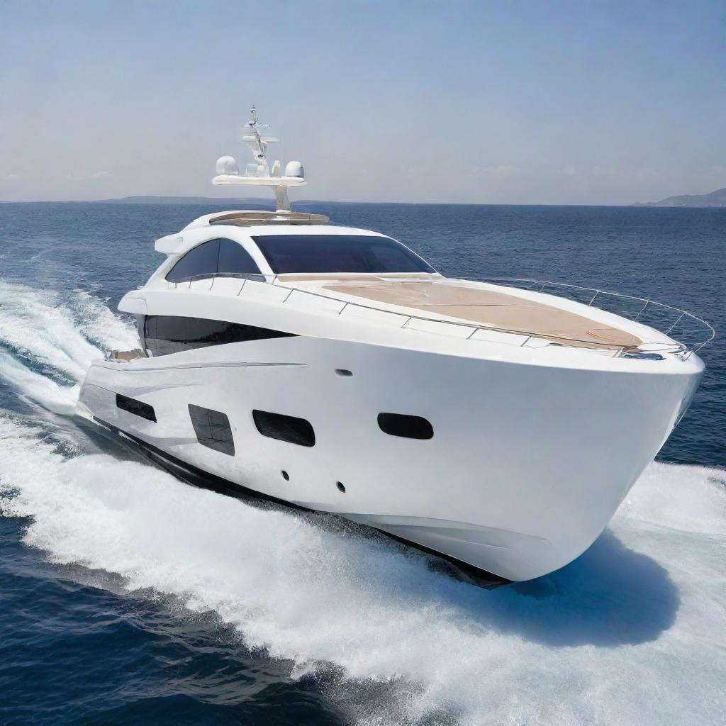 A luxury speed yacht incorporating the elegant lines, distinct logo, and sophisticated design of a Mercedes-Benz car