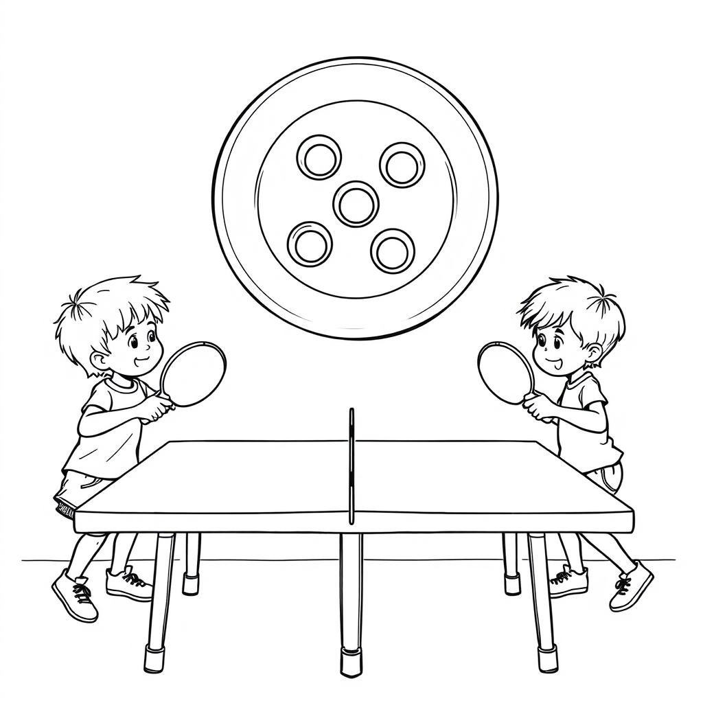 A surreal coloring page illustrating two small children engaged in a lively game of ping-pong on a standard table, but instead of a regular ball, they are using a giant button that is suspended mid-air