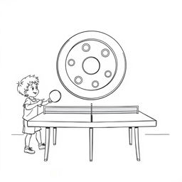 A surreal coloring page illustrating two small children engaged in a lively game of ping-pong on a standard table, but instead of a regular ball, they are using a giant button that is suspended mid-air